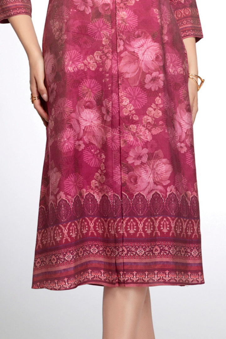 Magenta Beads, Sequins and Zardozi work with Digital Print A-Line Cut Calf Length Kurti