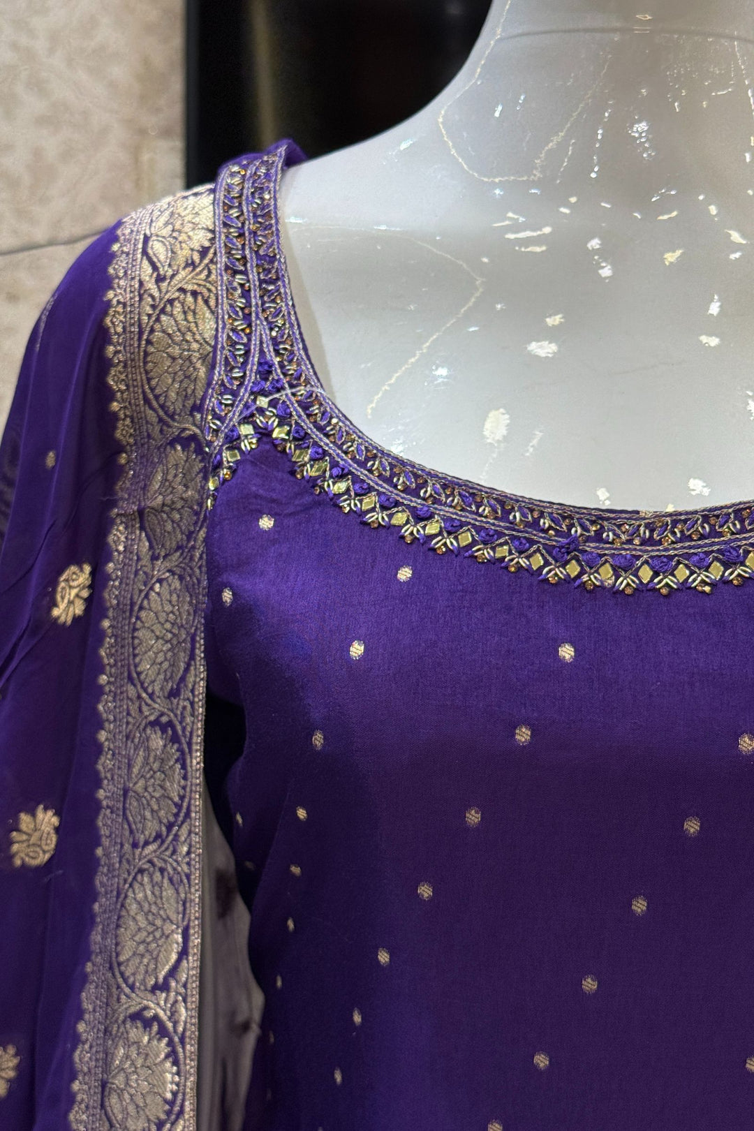 Purple Mirror, Stone, Zari and Banaras work Straight Cut Salwar Suit