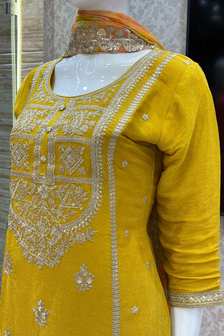 Yellow Zari and Sequins work with Digital Print Palazzo Salwar Suit