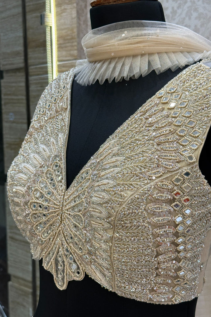 Beige Mirror, Beads, Sequins, Thread and Stone work Crop Top Lehenga