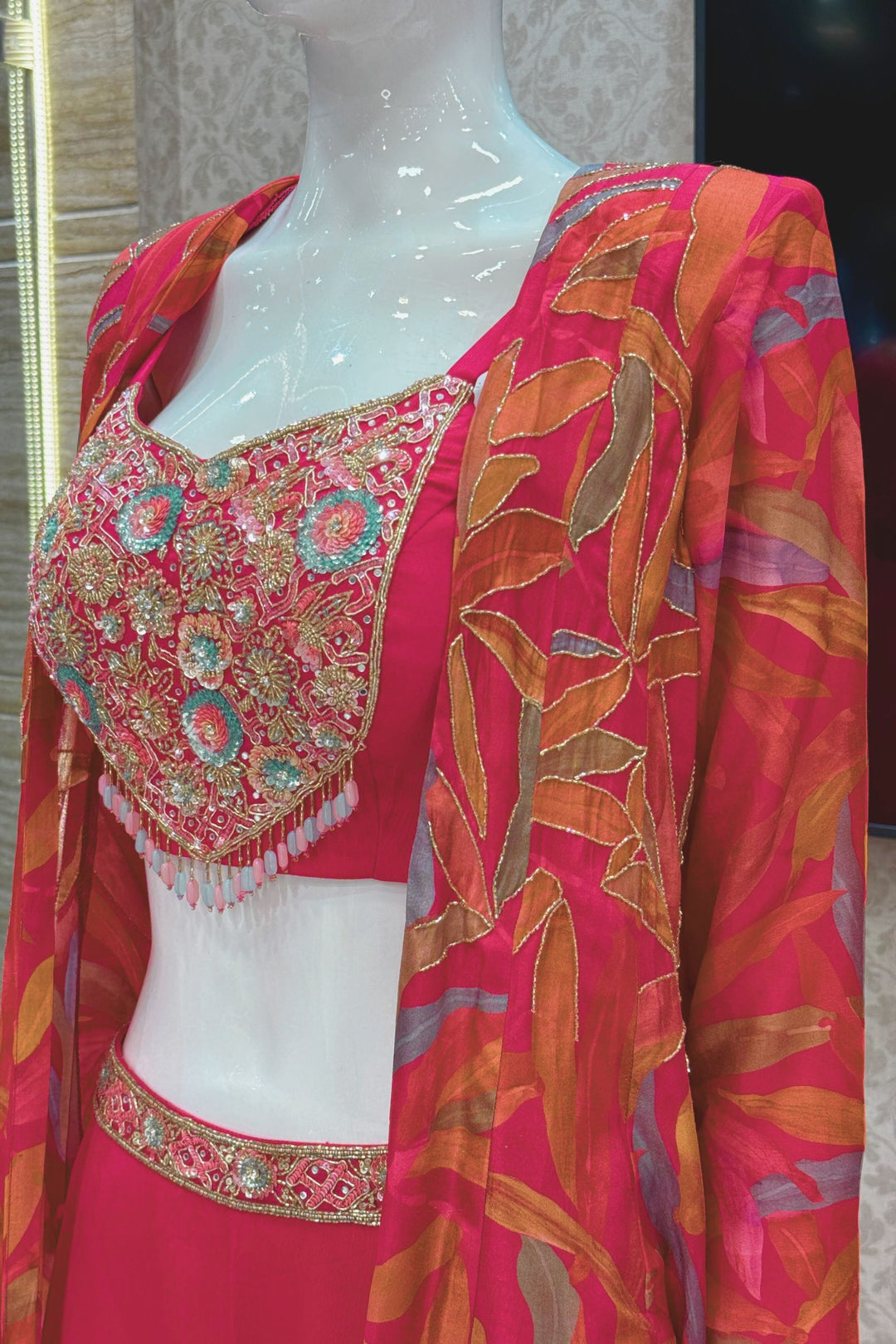 Rani Pink with Multicolor Digital Print Overcoat Styled Palazzo Suit Set