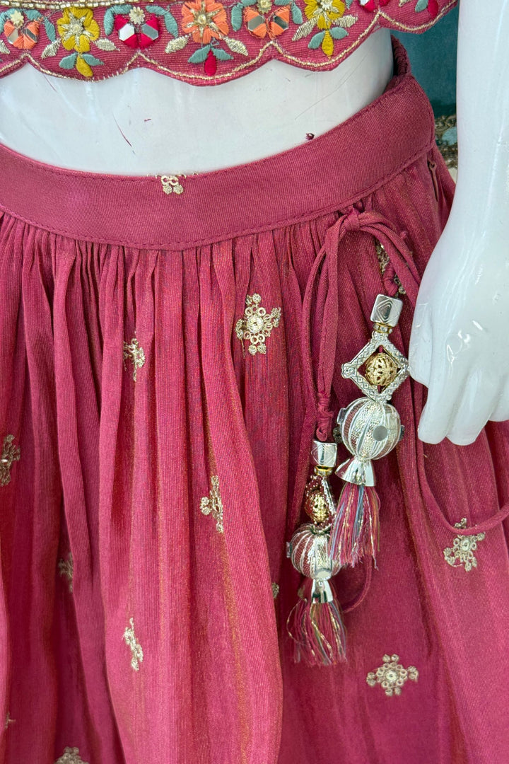 Pinkish Red Mirror, Embroidery, Beads and Sequins work Lehenga Choli for Girls