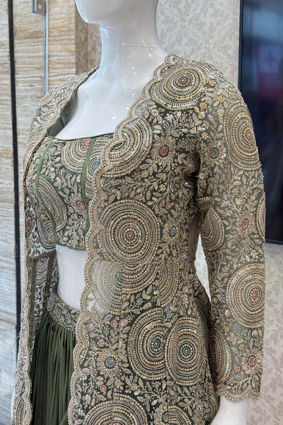Olive Green Drape Style Lehenga with Sequins, Stone and Zari work Long Overcoat