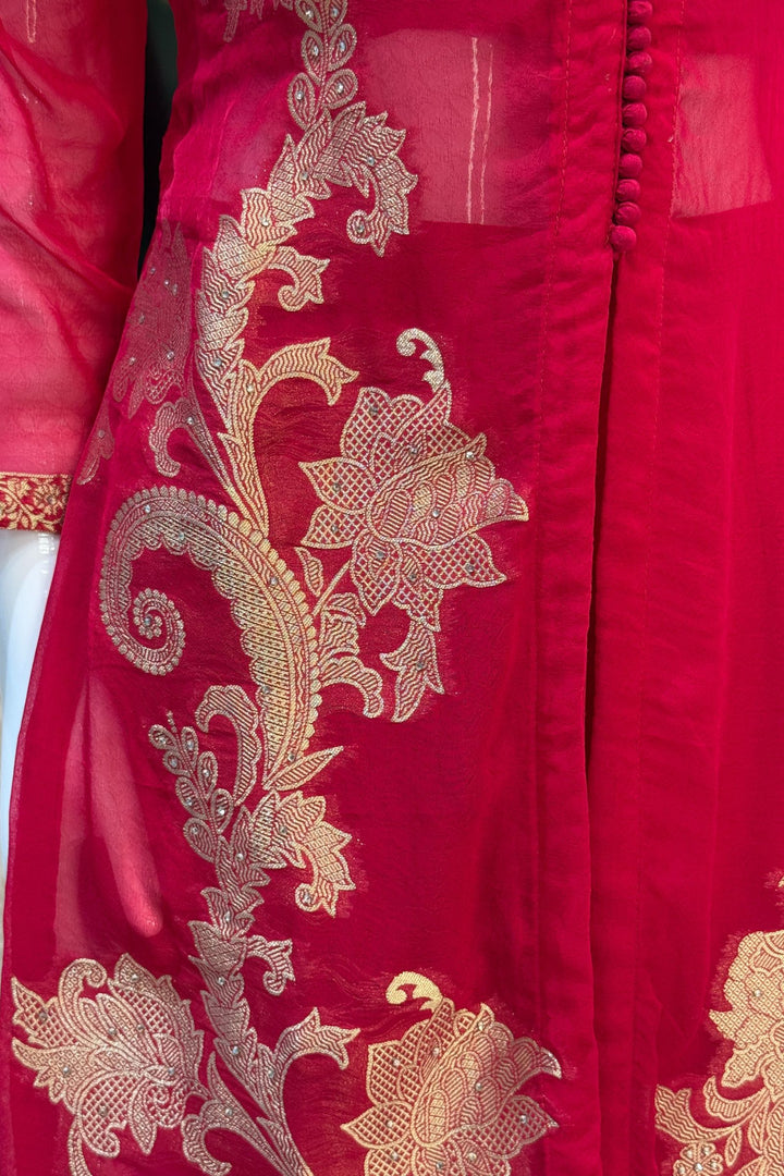 Rani Pink Banaras, Stone, Zardozi, SEquins, Beads and Zari work Straight Cut Salwar Suit