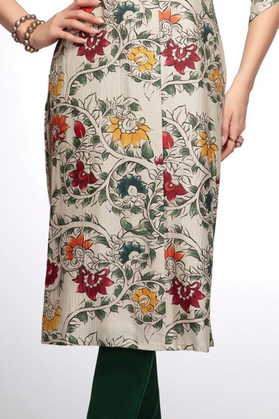 Cream Stone work with Floral Print Calf Length Kurti