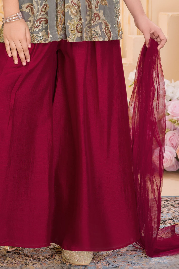 Grey with Maroon Zari, Sequins and Beads work with Digital Print Palazzo Suit Set for Girls