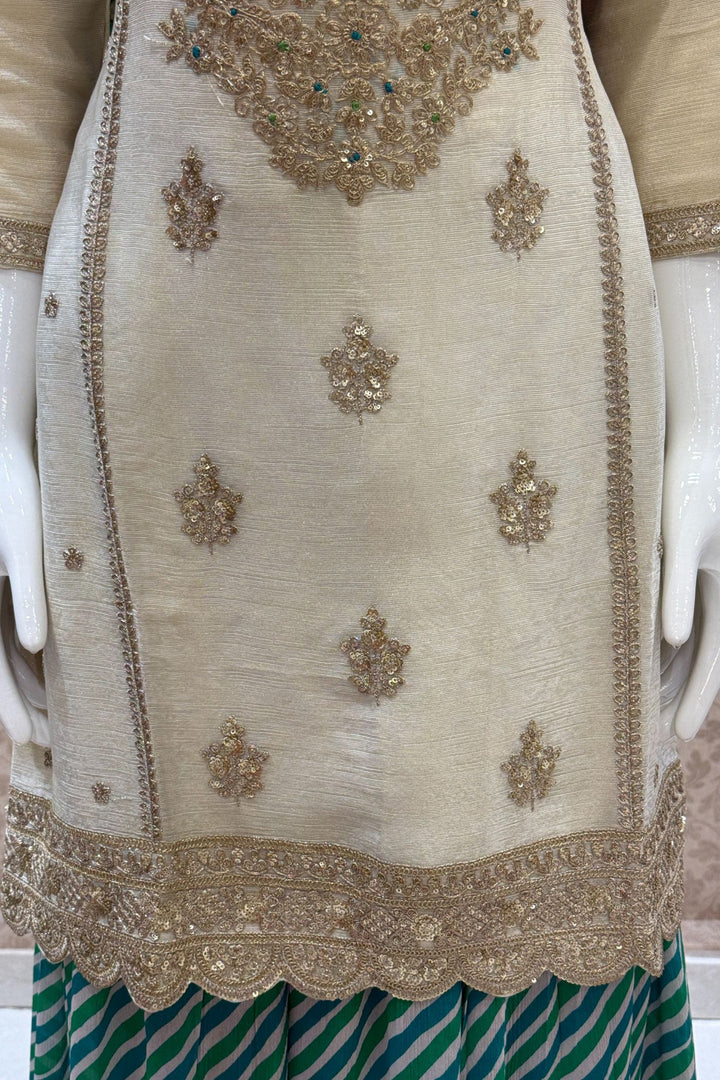 Beige Zari, Sequins and Thread work with Leheriya Print Palazzo Salwar Suit