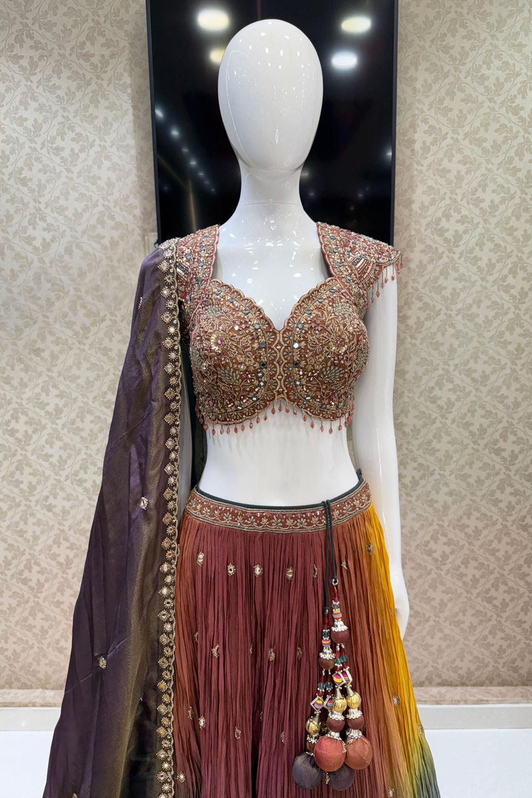 Designer Lehenga with Intricate Mirror, Stone, Sequins, Zari and Beads work