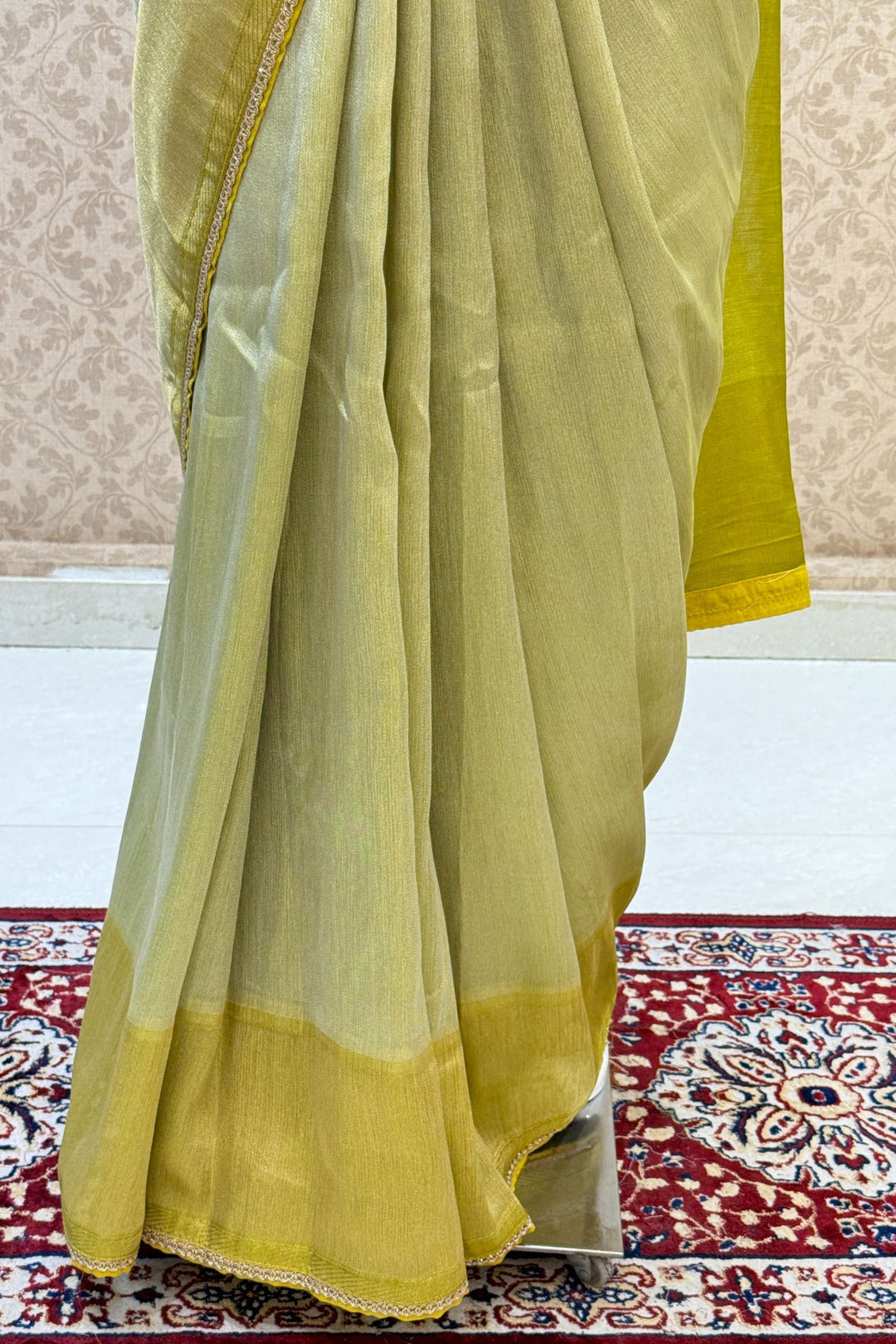 Pista Green Saree with Beads, Sequins, Zardozi and Zari work Readymade Blouse