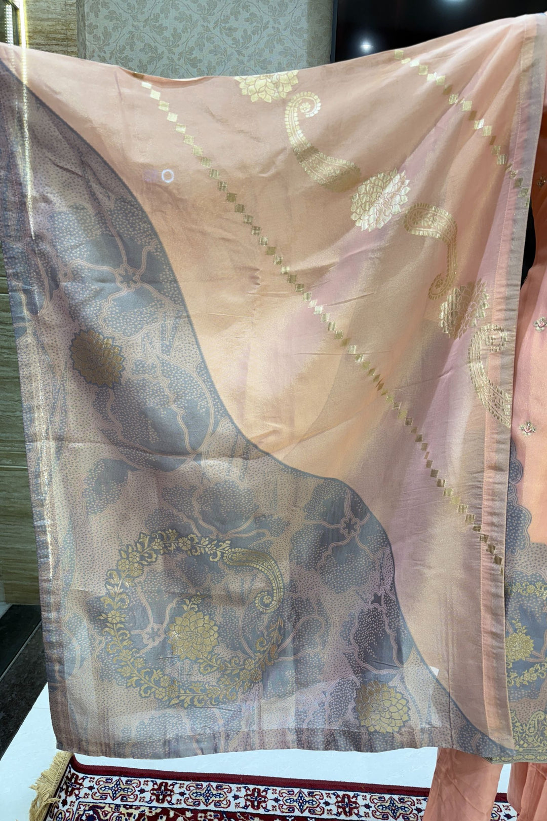 Peach Beads, Mirror, Sequins, Jacquard and Stone work Straight Cut Salwar Suit
