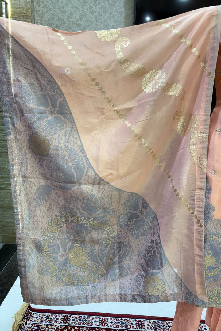 Peach Beads, Mirror, Sequins, Jacquard and Stone work Straight Cut Salwar Suit