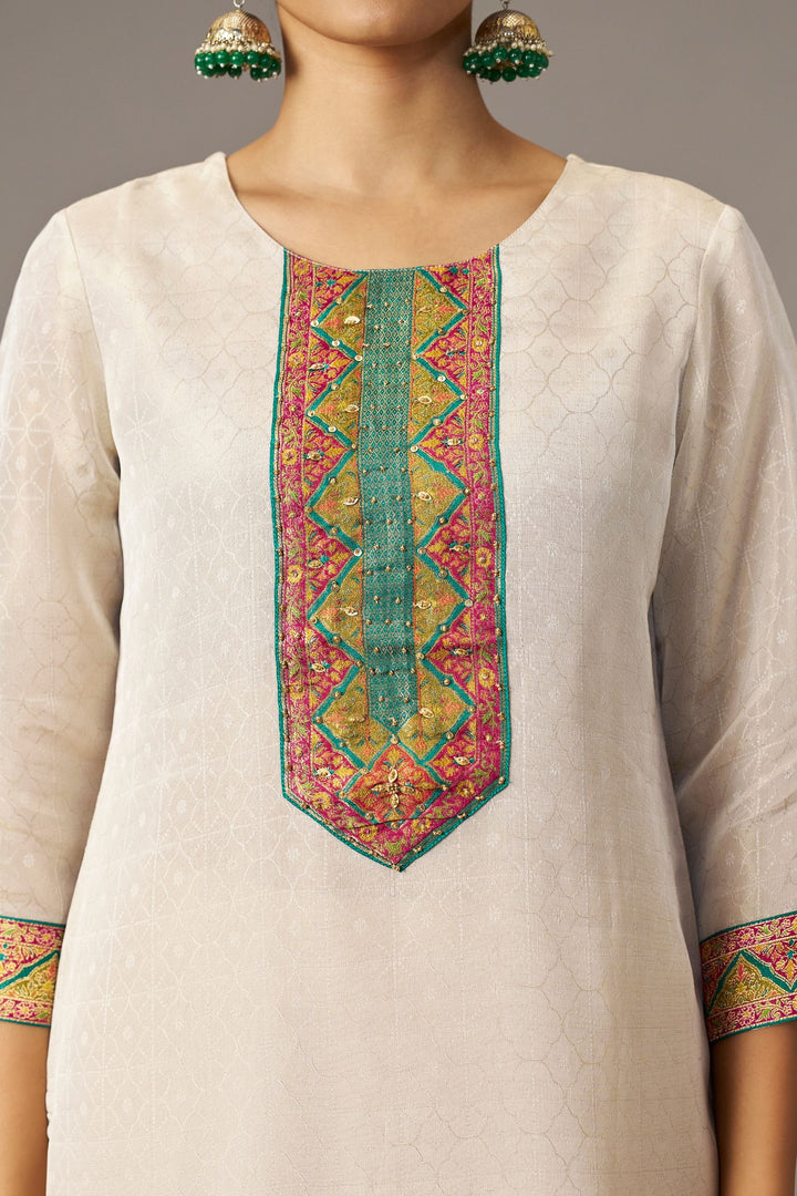Half White Multicolor Banaras, Sequins and Beads work Straight Cut Salwar Suit