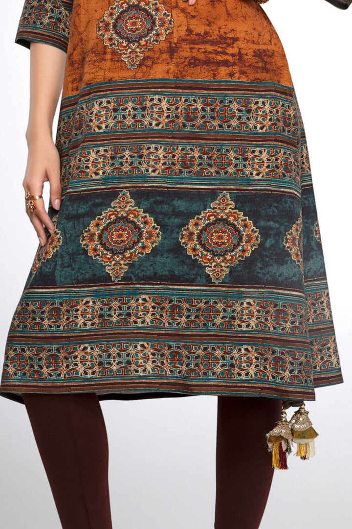 Mustard Sequins and Thread work with Multicolor Digital Print Calf Length Kurti