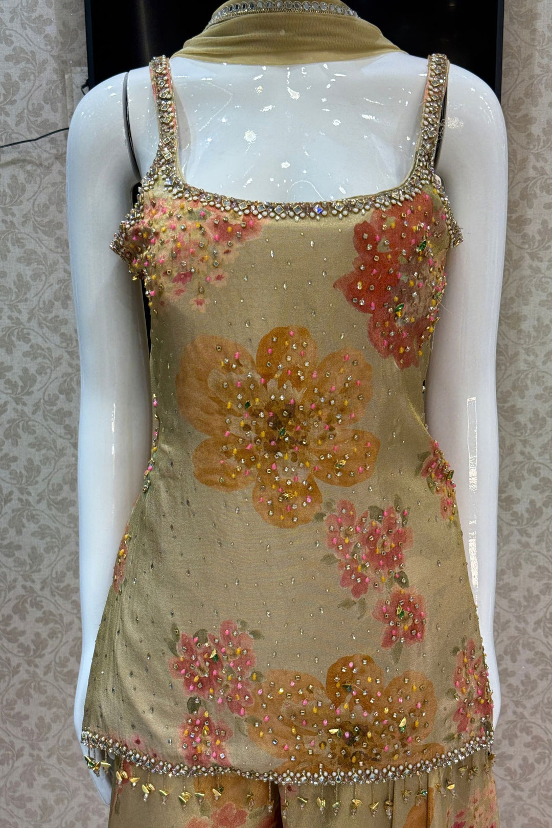 Light Beige Stone, Beads and Kundan work with Floral Print Palazzo Salwar Suit