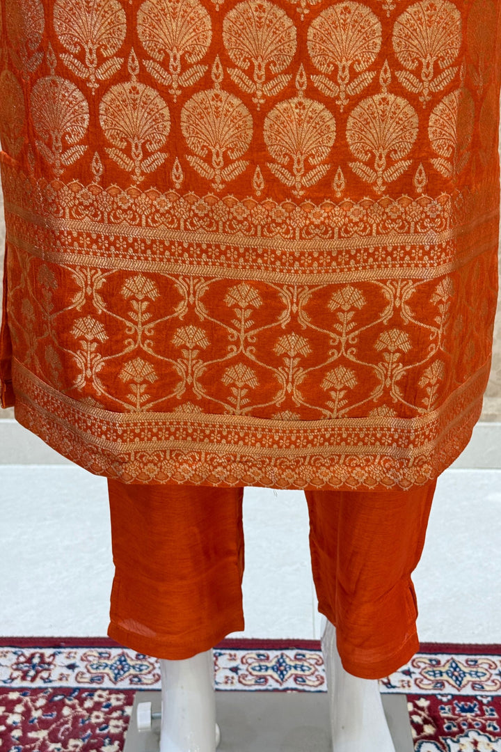 Orange Banaras work Straight Cut Salwar Suit