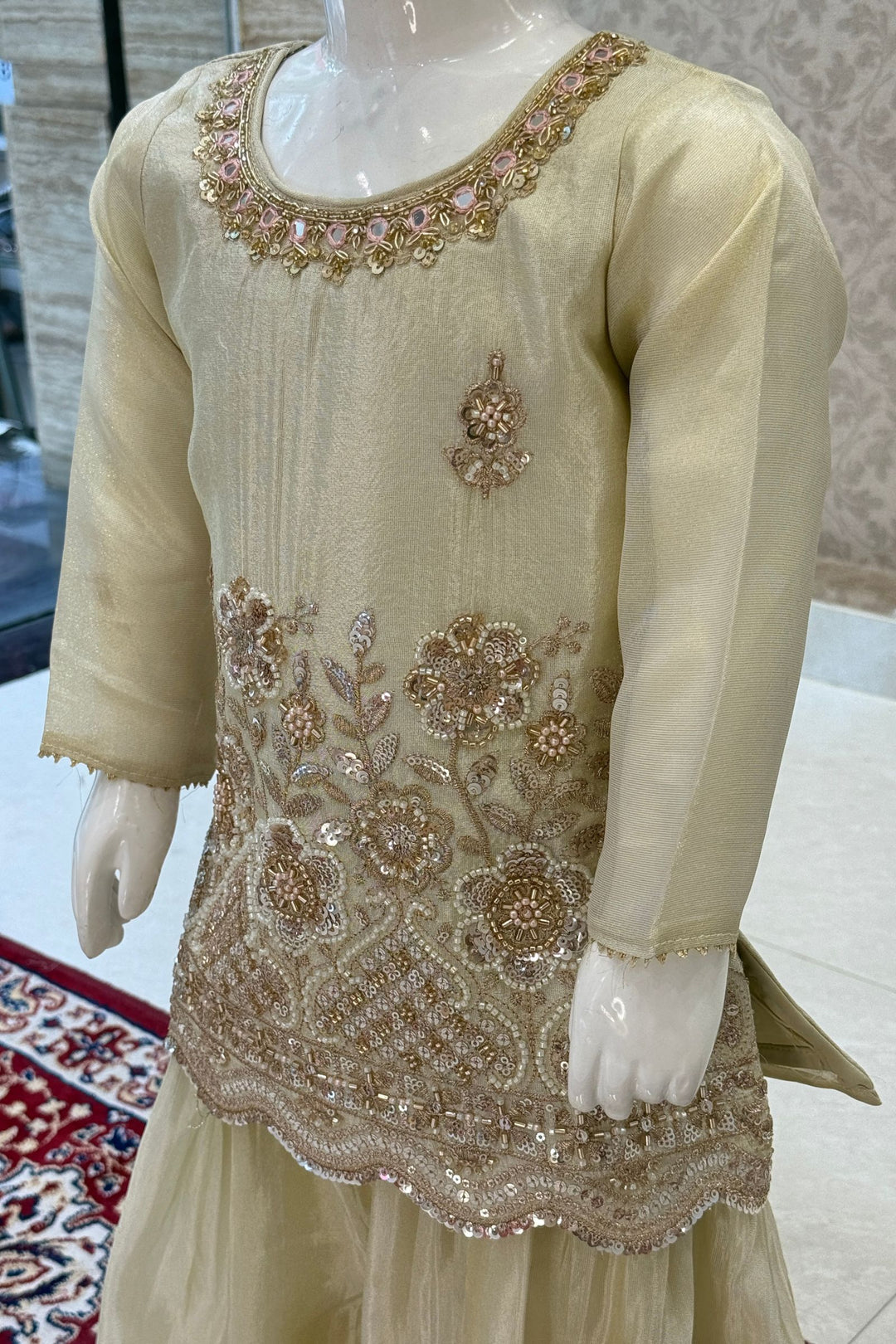 Cream Beads, Sequins, Zari, Zardozi and Mirror work Palazzo Suit Set for Girls