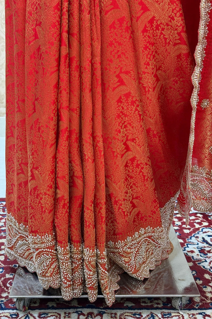 Crimson Red Banaras Silk Saree Featuring Intricate Beads, Sequins and Zari Cutwork Border