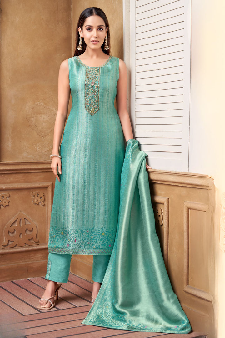Rama Blue Brocade, Beads, Kundan and Stone work Straight Cut Salwar Suit