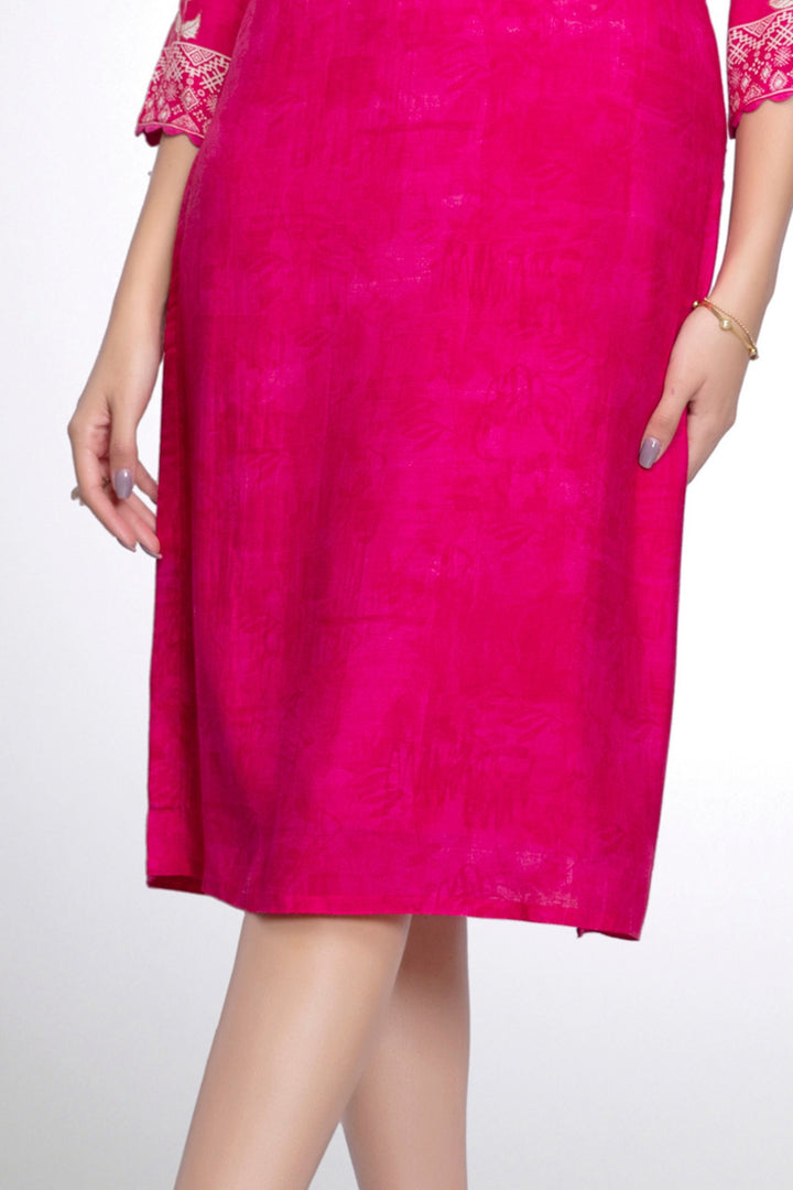 Rani Pink Emrboidery, Zari and Mirror work with Floral Print Calf Length Kurti