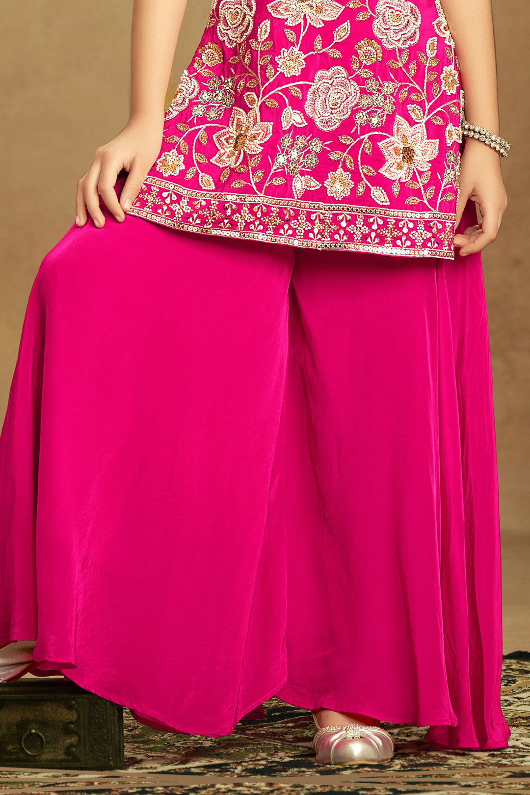 Rani Pink Stone, Beads, Sequins, Mirror and Thread work Palazzo Suit Set for Girls