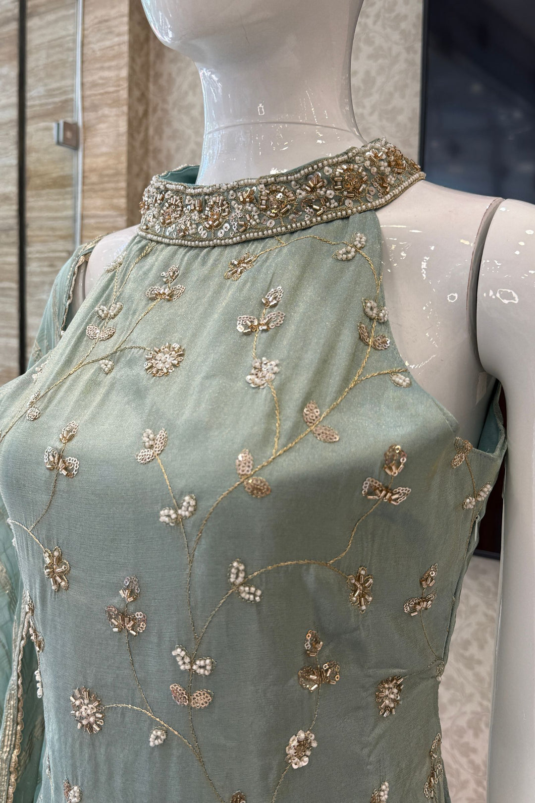 Sea Green Zari, Sequins and Beads work Palazzo Salwar Suit