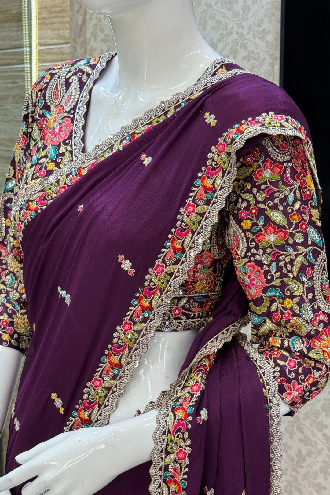 Purple Embroidery, Sequins and Zari work Saree