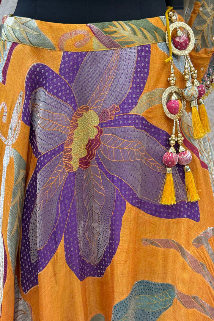 Yellow Zardozi, Beads, Sequins, Zari, Mirror and Floral work Crop Top Lehenga