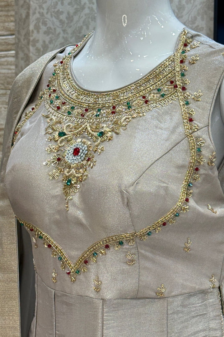 Silver Grey Zardozi, Beads and Sequins work Nyra Cut Salwar Suit with Palazzo Pant