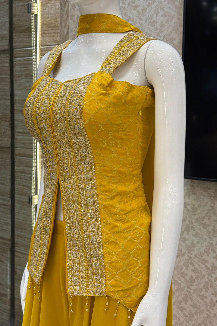 Yellow Banaras Zari, Sequins and Zari Thread work Palazzo Suit Set