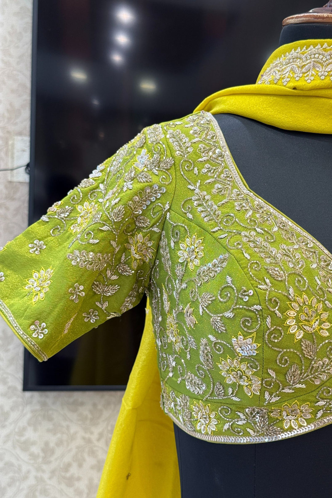 Parrot Green with Liril Green Beads, Sequins, Zardozi and Banaras work Crop Top Lehenga