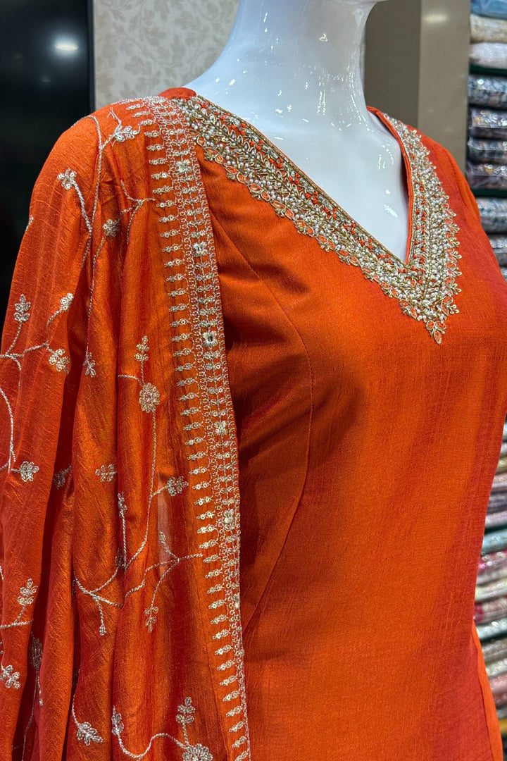 Orange Beads, Pearl, Zardozi, Stone, Zari and Sequins work Aline Cut Salwar Suit