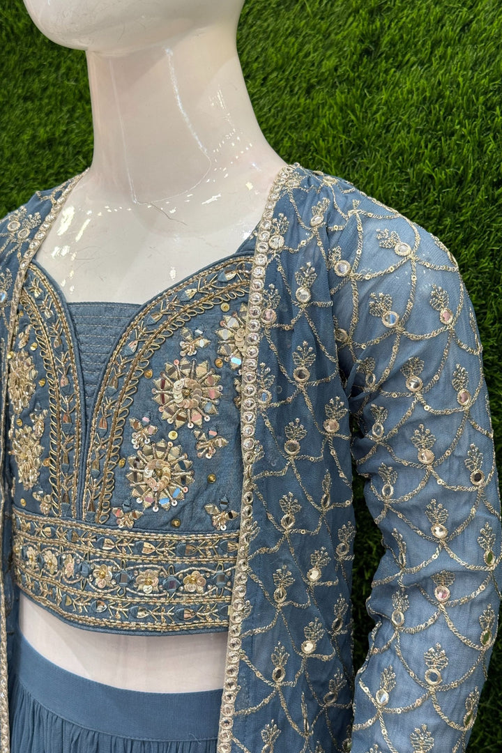 Grey Sequins, Mirror, Zari and Stone work Overcoat Styled Palazzo Set For Girls