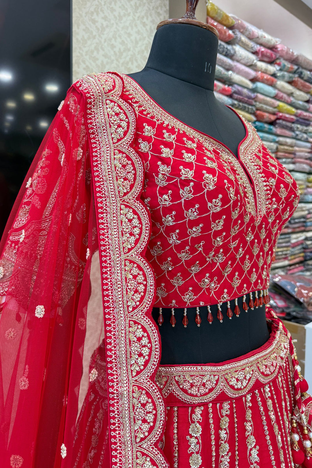 Red Zardozi, Sequins, Beads, Pearl, Thread and Zari work Crop Top Designer Bridal Lehenga