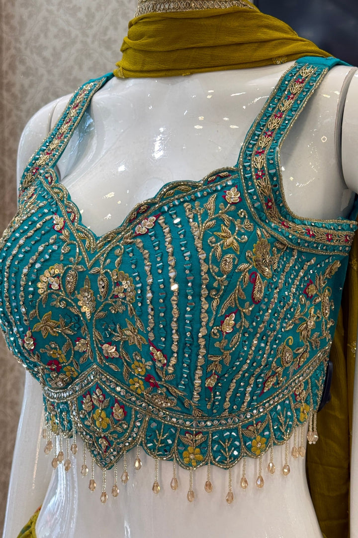 Rama Blue with Olive Green Mirror, Stone, Beads and Banaras work Lehenga