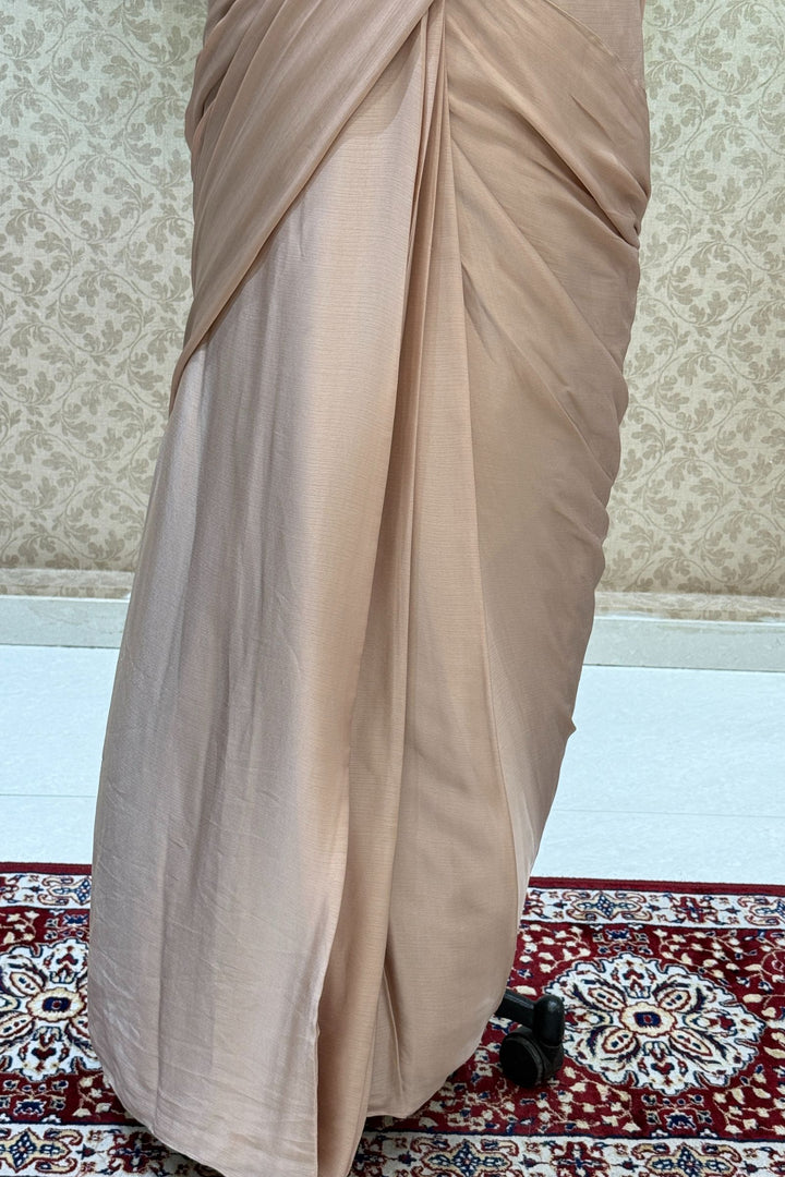 Beige Readymade Saree with Beads, Sequins and Pearl work Readymade Blouse