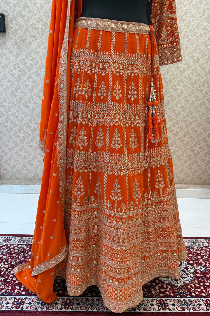 Orange Sequins and Zari work Crop Top Lehenga