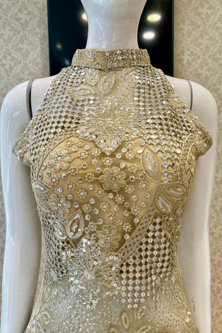 Gold Halter Neck Palazzo Salwar Suit with Sequins, Zari and Embroidery Detailing