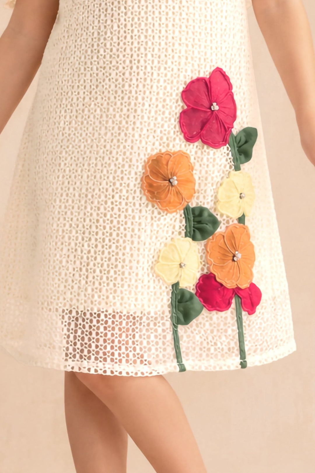 Cream Flower Applique Short Frock For Girls