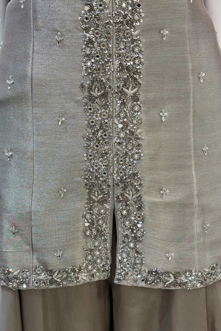 Grey Beads, Zardozi, Stone and Mirror work Palazzo Salwar Suit