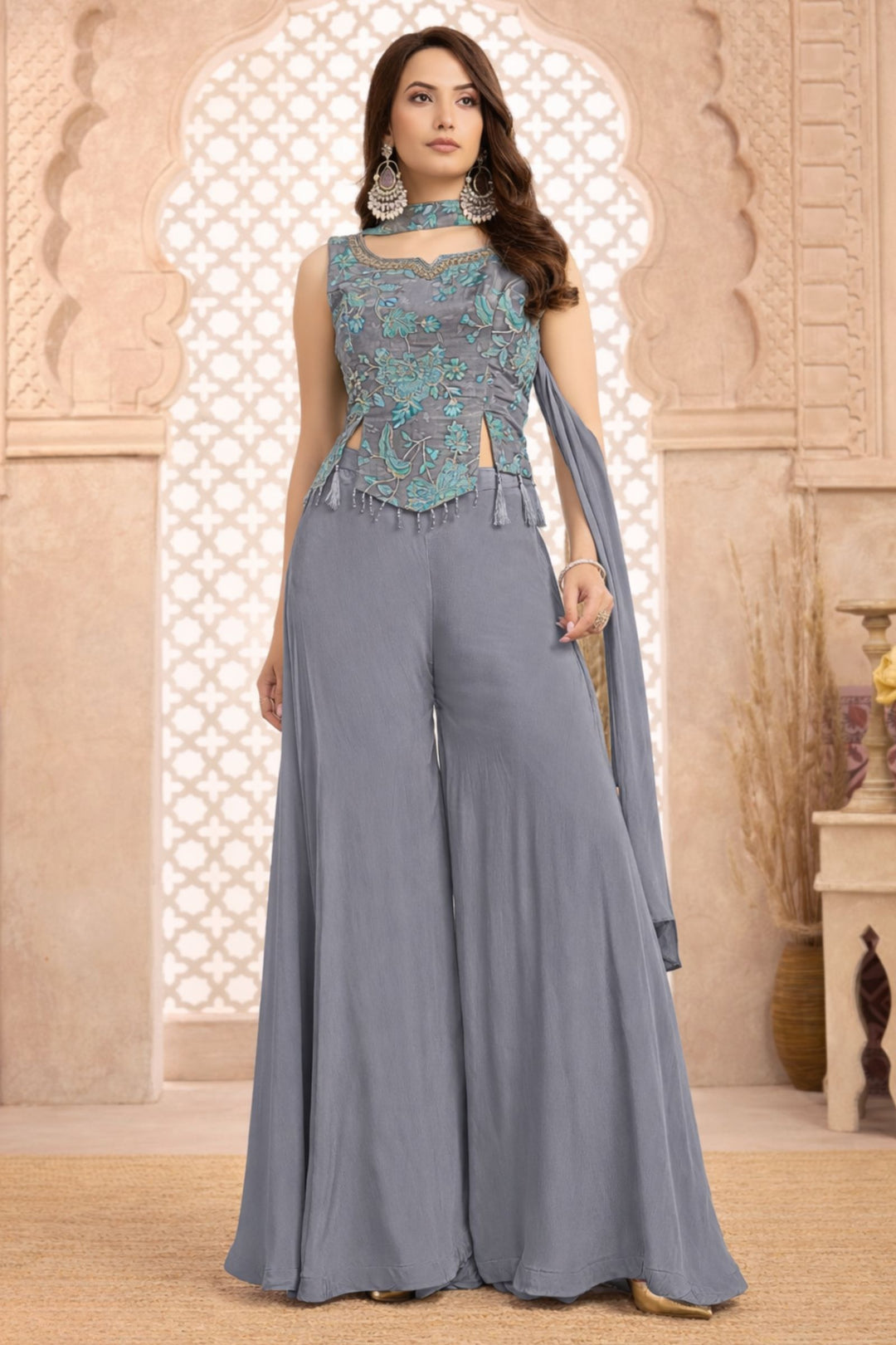 Grey Zari, Sequins, Beads and Mirror work with Floral Print Palazzo Suit Set