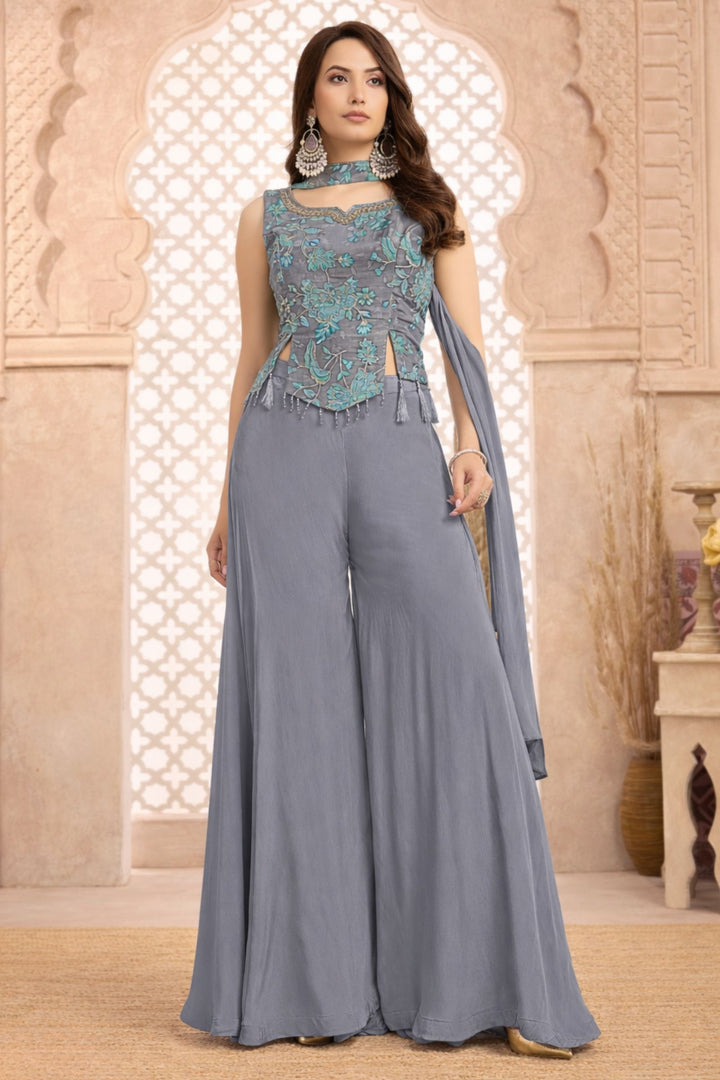 Grey Zari, Sequins, Beads and Mirror work with Floral Print Palazzo Suit Set