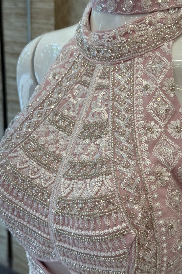 Light Pink Beads, Sequins and Thread work Halter Neck Palazzo Set