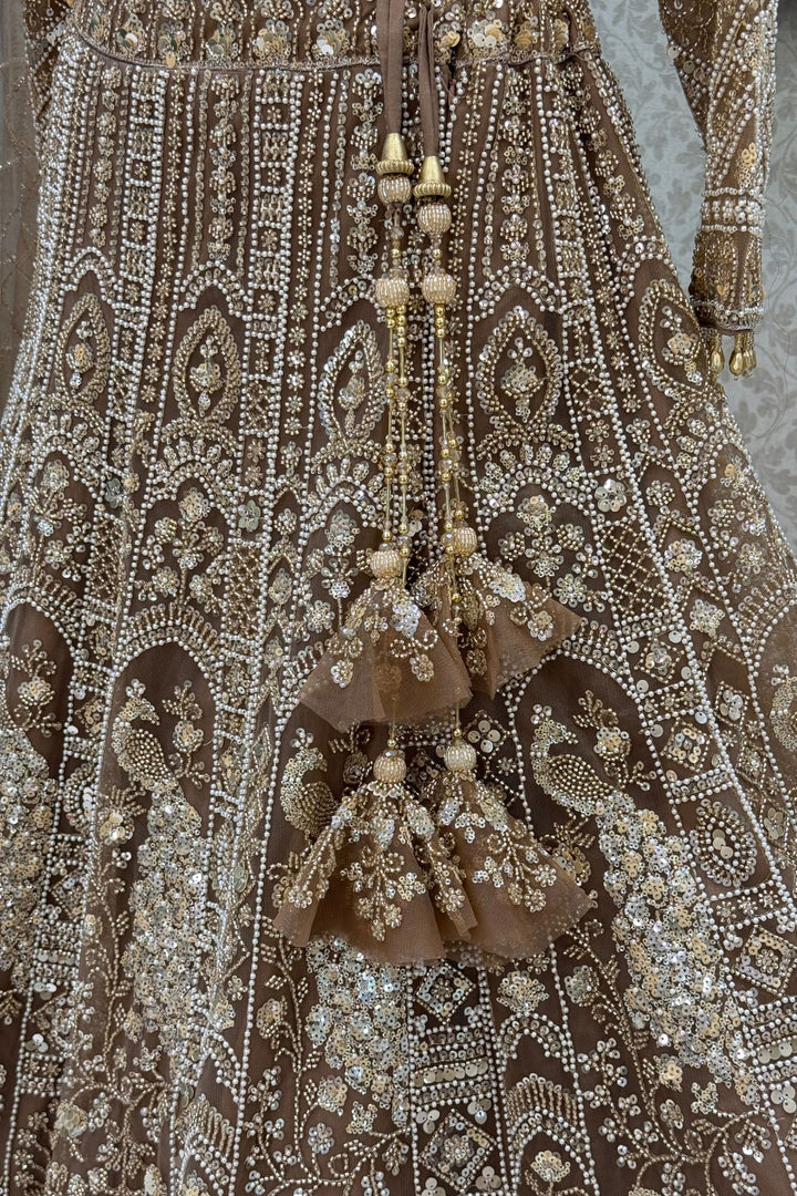 Copper Sequins, Pearl and Zari work Flared Lehenga Set with Peacock Motifs