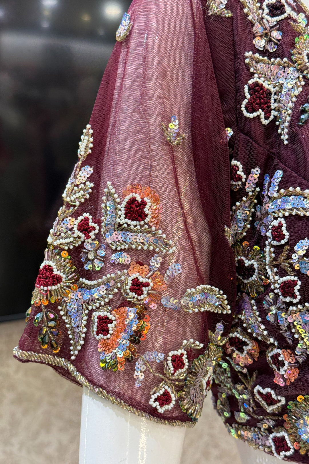 Wine Readymade Saree with Beads, Thread and Stone work Readymade Blouse