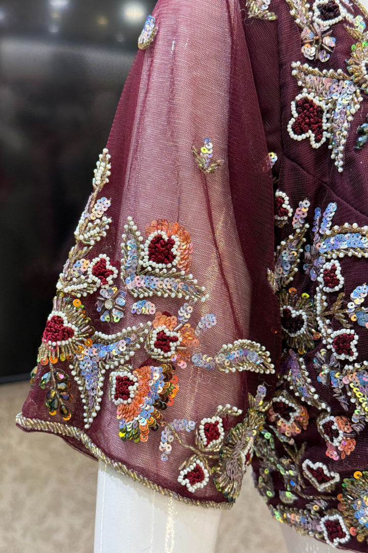 Wine Readymade Saree with Beads, Thread and Stone work Readymade Blouse