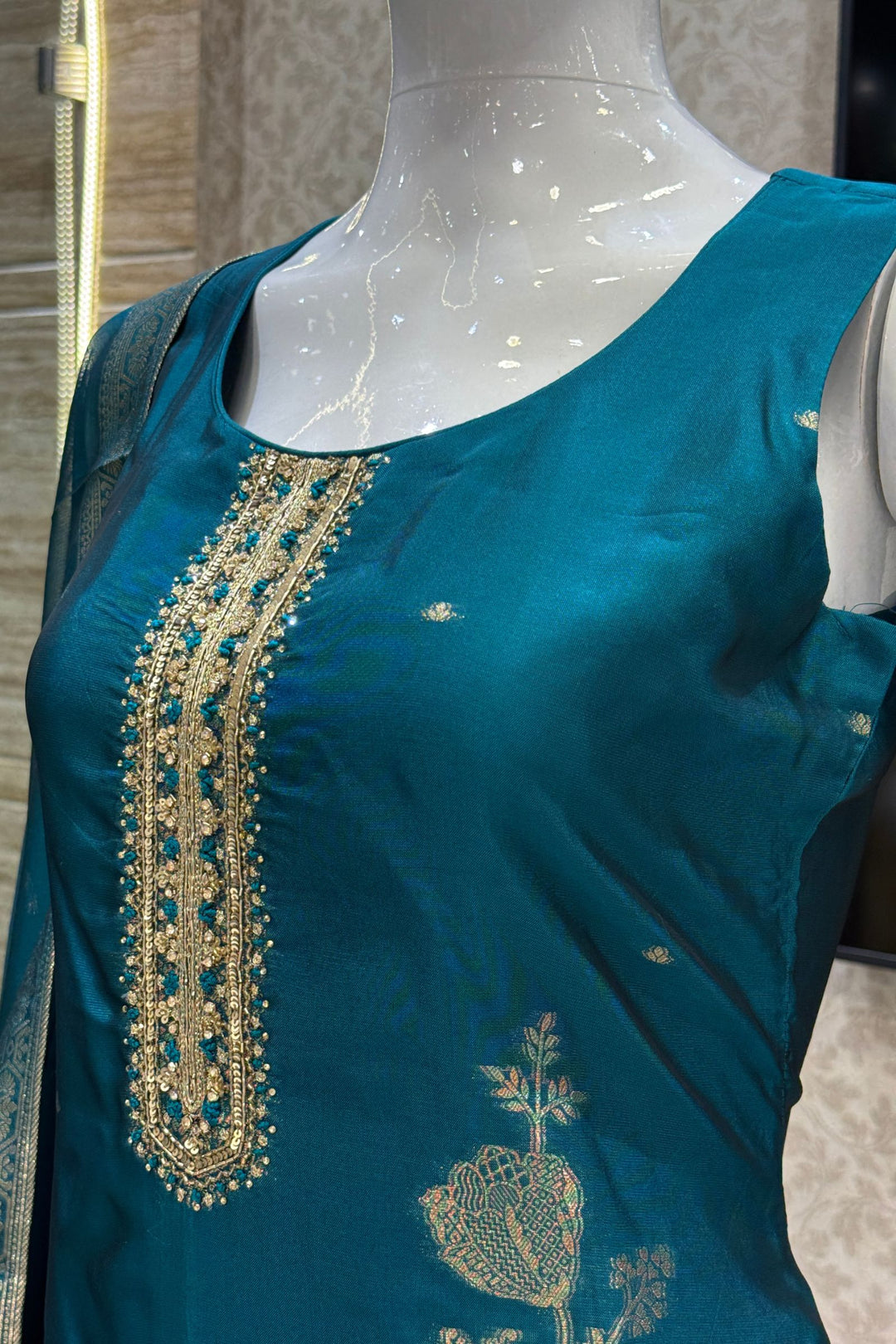Rama Green Straight Cut Salwar Suit with Zardozi, Sequins, Stone, Zari and Banaras work