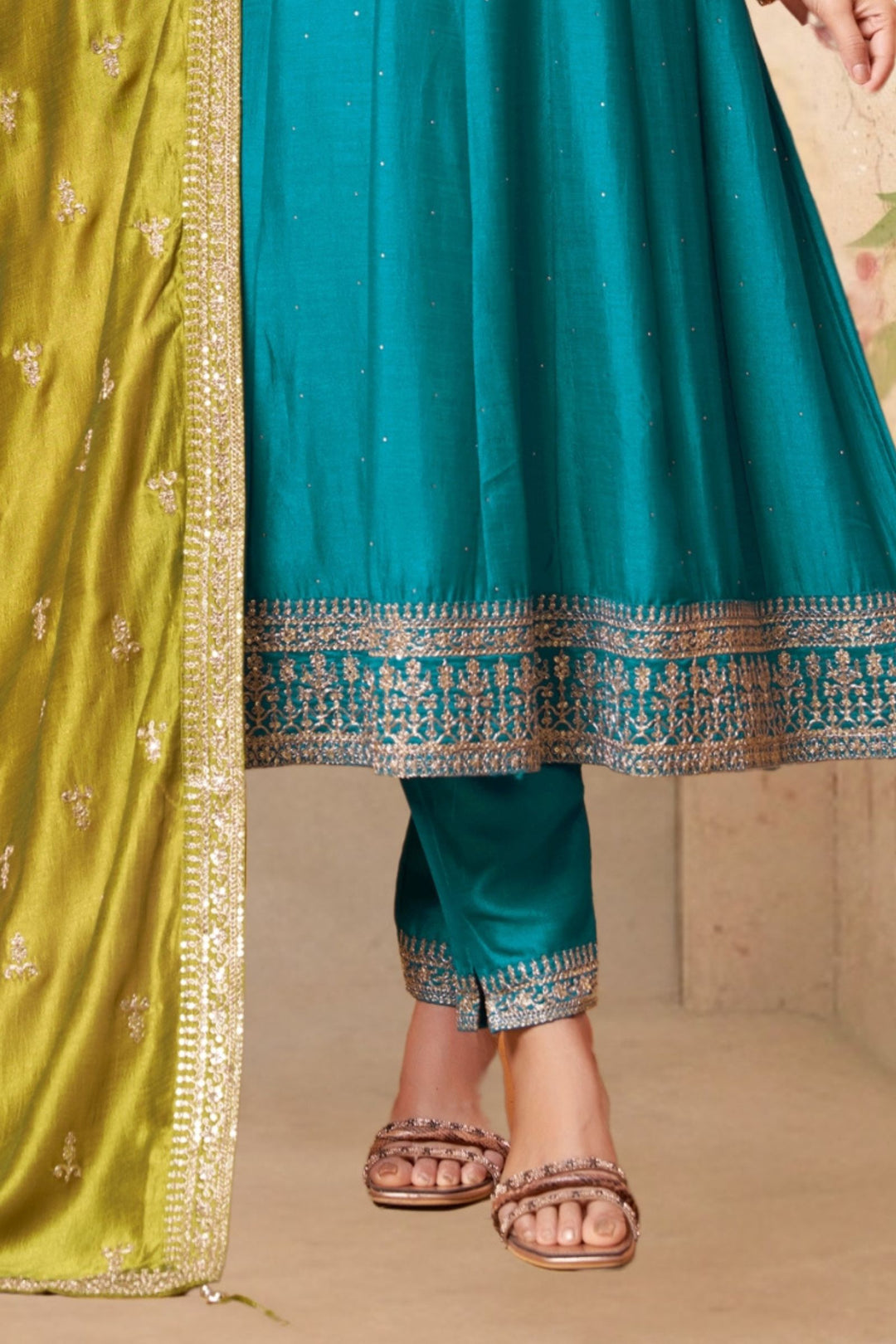 Rama Blue Stone, Thread, Zari and Zardozi work Anarkali Style Salwar