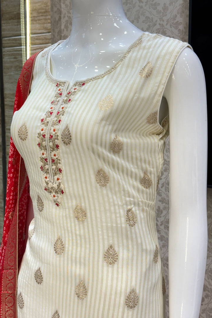 Cream Beads, Thread and Banaras work Straight Cut Salwar Suit with Bandini Print Dupatta