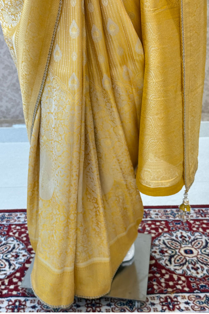 Yellow Zari work Saree with Pearl, Zardozi, Beads and Sequins work Readymade Blouse