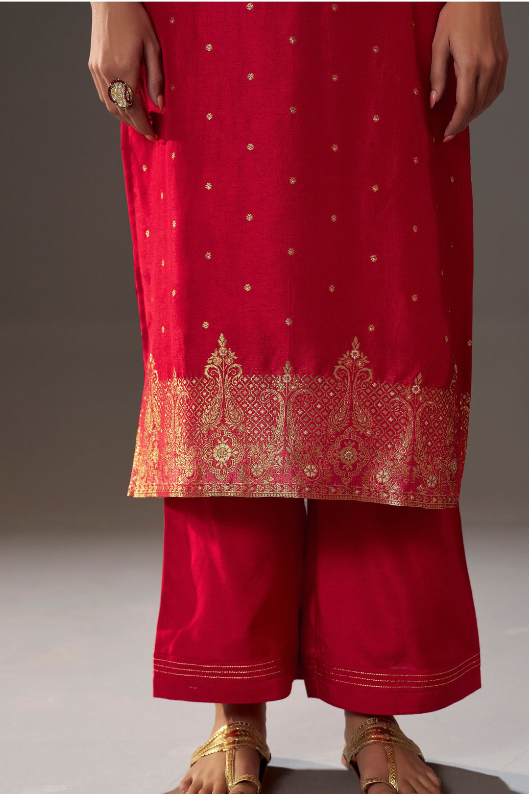 Red Banaras and Beads work Straight Cut Salwar Suit